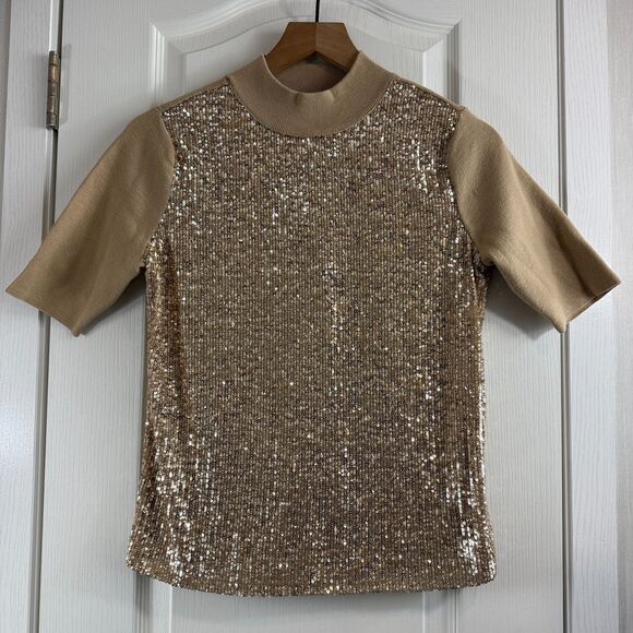 Ann Taylor Petite Gold Sequin Mock Neck Short Sleeve Sweater Size XS P NWT - Picture 1 of 11